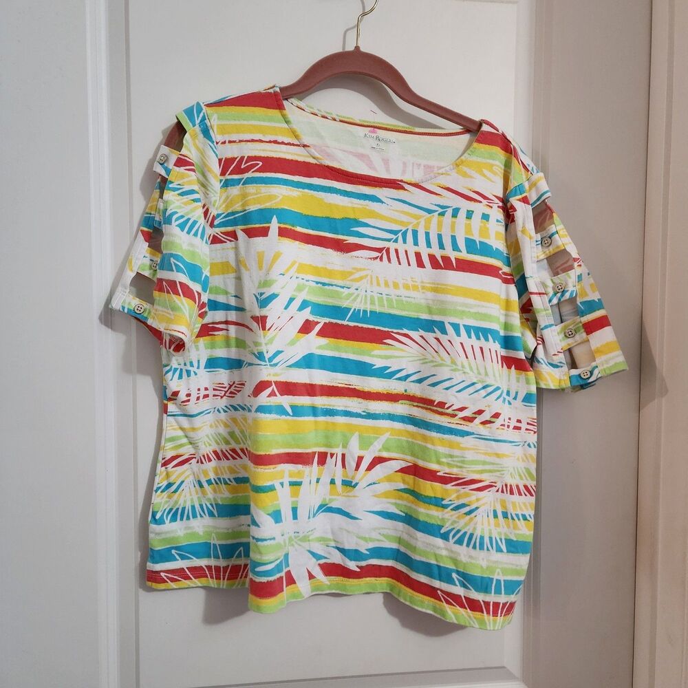 Kim Rogers Curvy Cotton Shirt Womens XL Embellished 1/2 Sleeve Stripe Palm